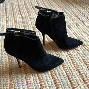 Stiletto heeled suede booties with leather ankle strap